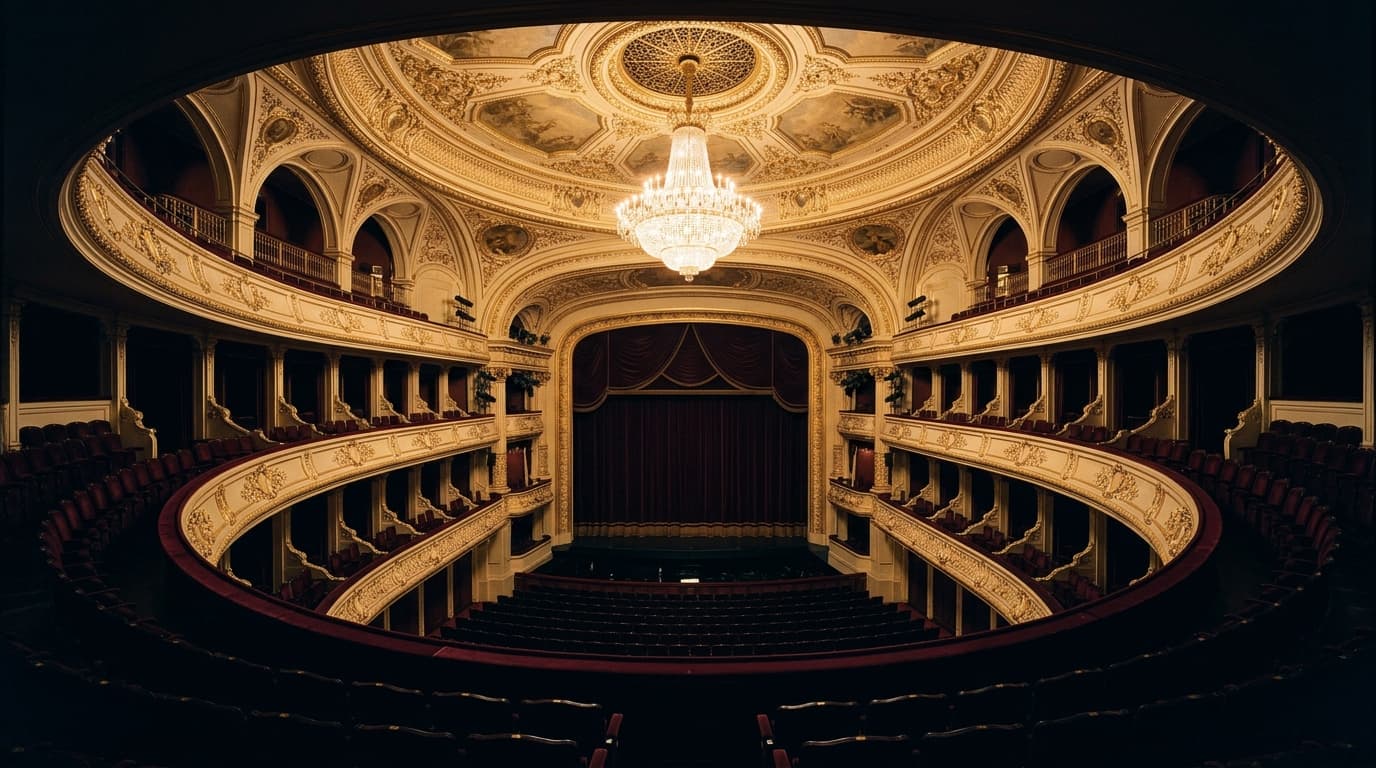 O sală de concert goală, cu aur și catifea