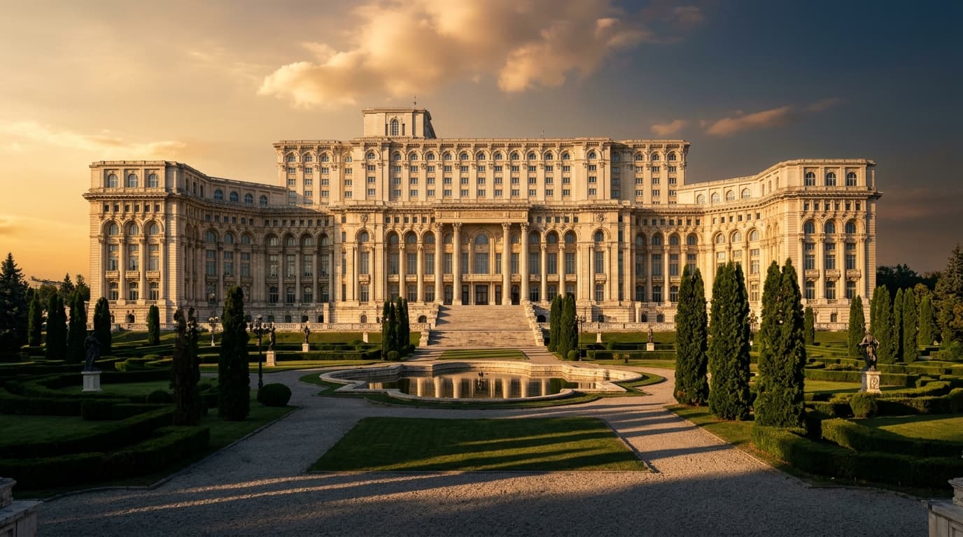 Palatul Parlamentului din București, la apus