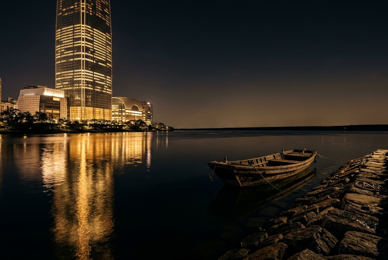 Turnul Lotte World din Seul, noaptea, de pe malul râului Han